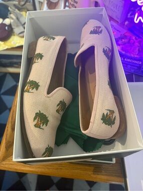 Stubbs & Wootton Palm-Tree Embroidered Canvas Loafers